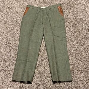 Vintage Orvis Men's Olive Wool Pants with Leather Details 38"
